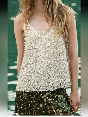 Zara-XS- Sequin Tank Top in light beige
